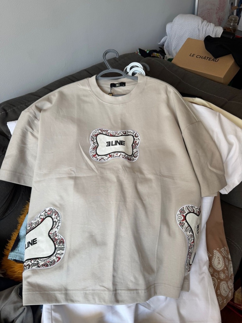 Celine Beige Short Sleeve Tee with Decorative Logo Patches